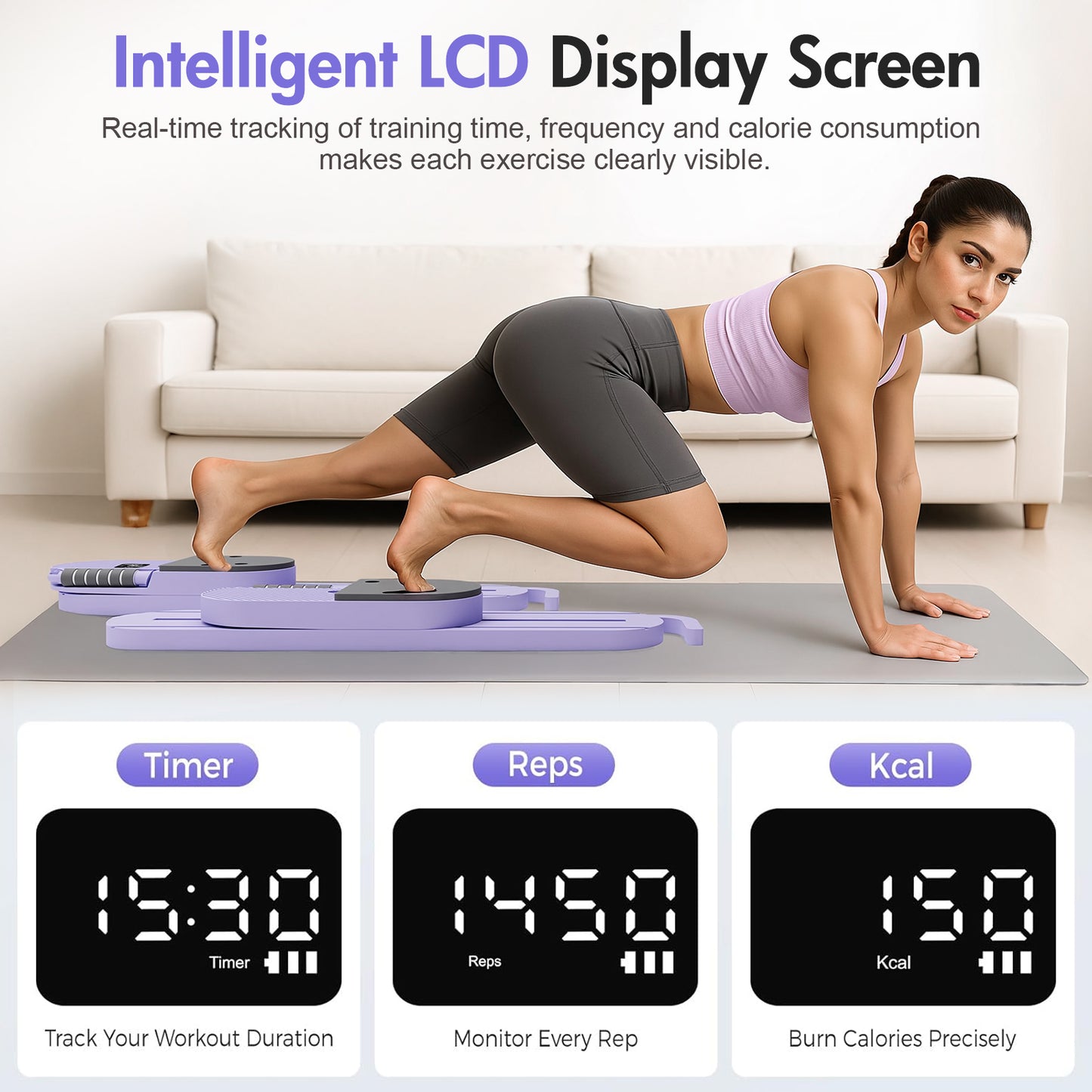 Rican Pilates Board, Pilates Reformer Board Ab Core Trainer, LCD Timer Dual-Track Detachable Ultra-Quiet Abdominal Trainer, More Than 40 Modes with Resistance Bands & Knee Pads, Purple