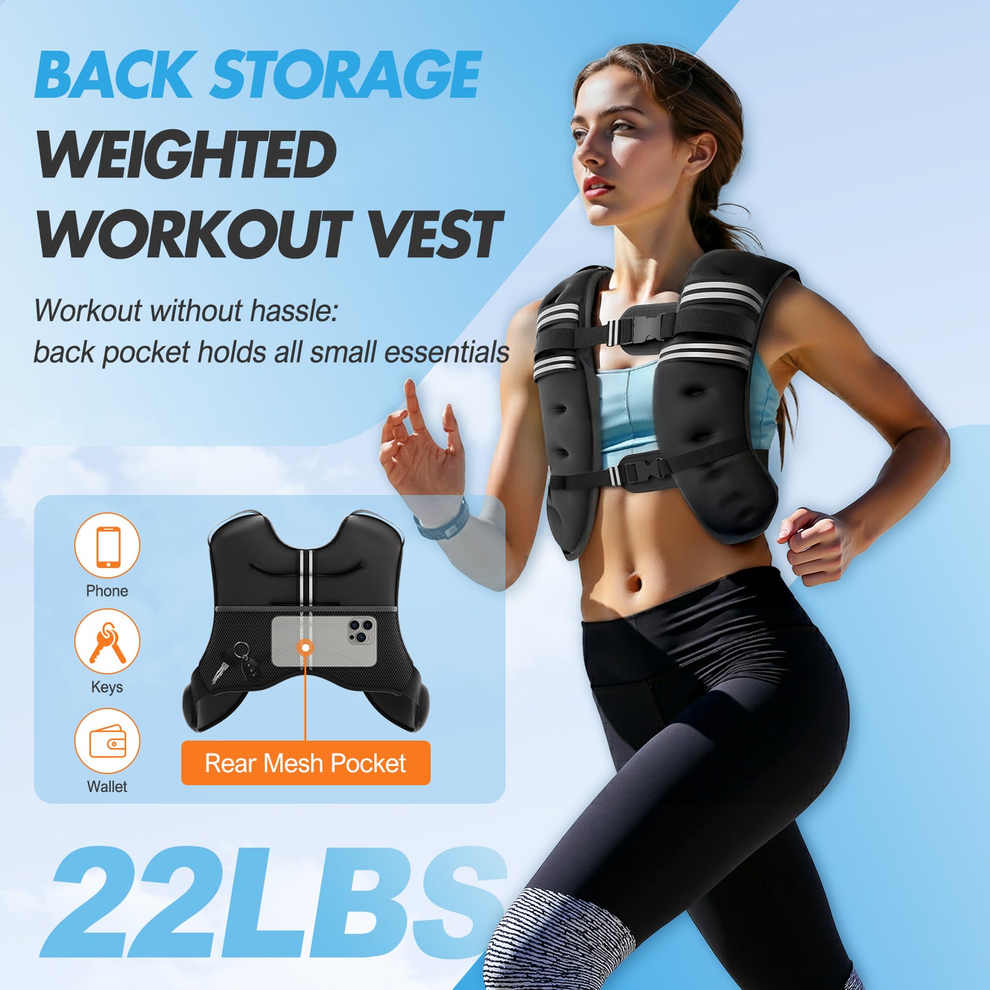 BAOKALER Weighted Vest 22lb with Reflective Strips, Ideal for Men & Women, Suitable for Strength Training, Running, Muscle Building & Weight Loss
