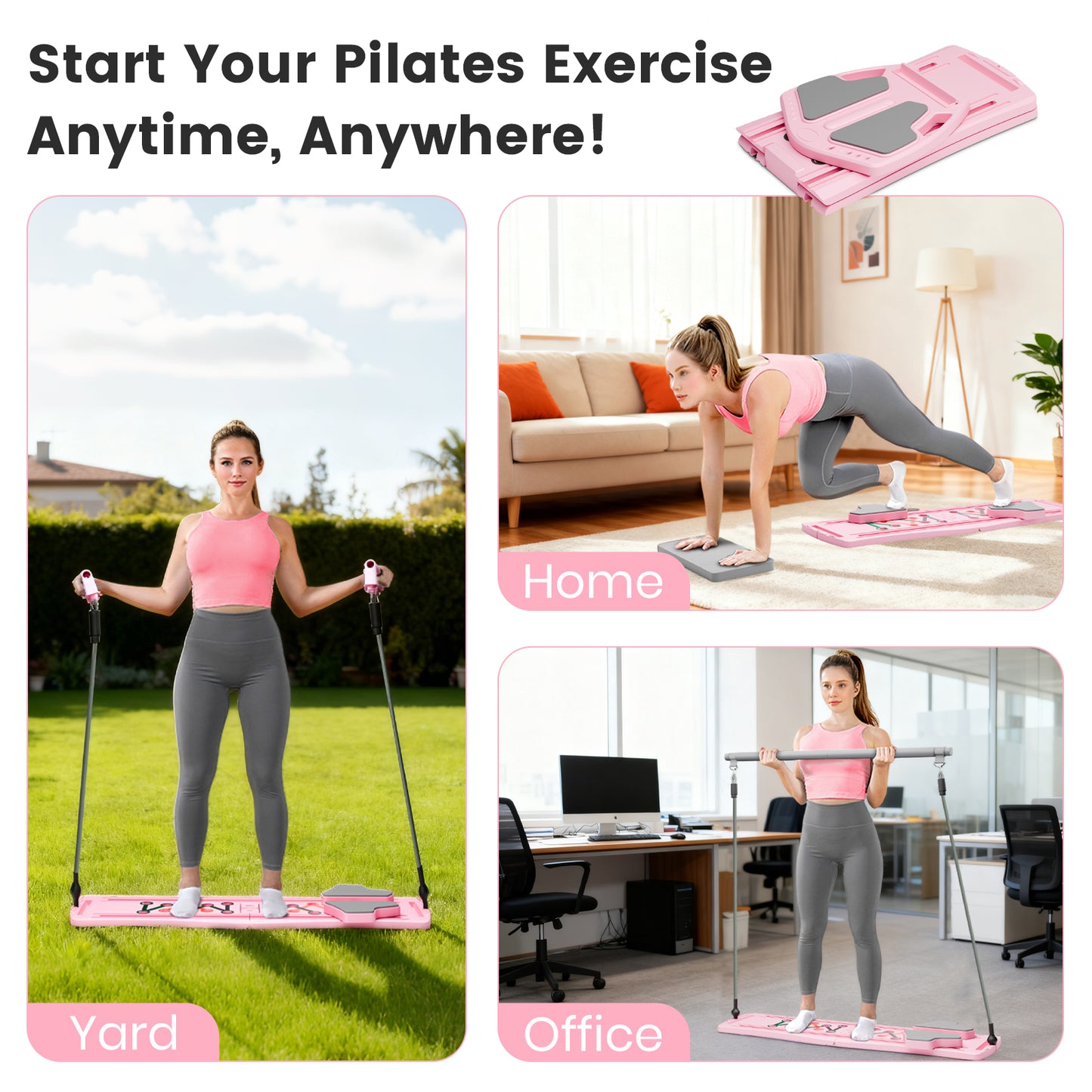 RICAN Pilates Board, Foldable Pilates Abdominal Board for Core Strength Training, Multi-Purpose 7 in 1 Pilates Reformer Machine for Women Workout, Exercise, Fitness, Abs, Pink
