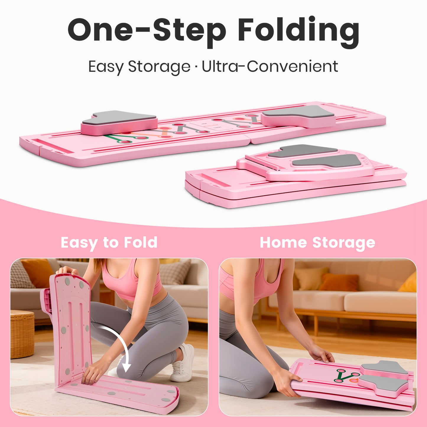 RICAN Pilates Board, Foldable Pilates Abdominal Board for Core Strength Training, Multi-Purpose 7 in 1 Pilates Reformer Machine for Women Workout, Exercise, Fitness, Abs, Pink