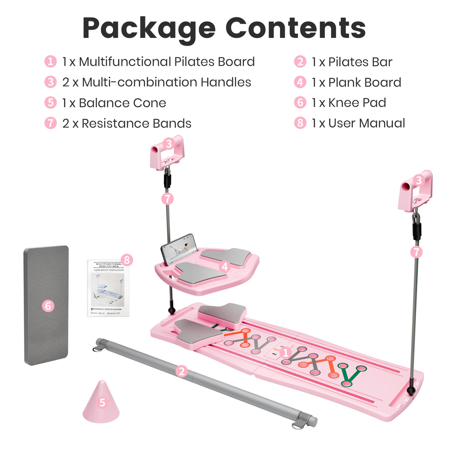 RICAN Pilates Board, Foldable Pilates Abdominal Board for Core Strength Training, Multi-Purpose 7 in 1 Pilates Reformer Machine for Women Workout, Exercise, Fitness, Abs, Pink
