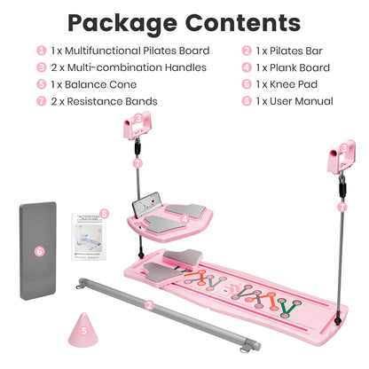 RICAN Pilates Board, Foldable Pilates Abdominal Board for Core Strength Training, Multi-Purpose 7 in 1 Pilates Reformer Machine for Women Workout, Exercise, Fitness, Abs, Pink