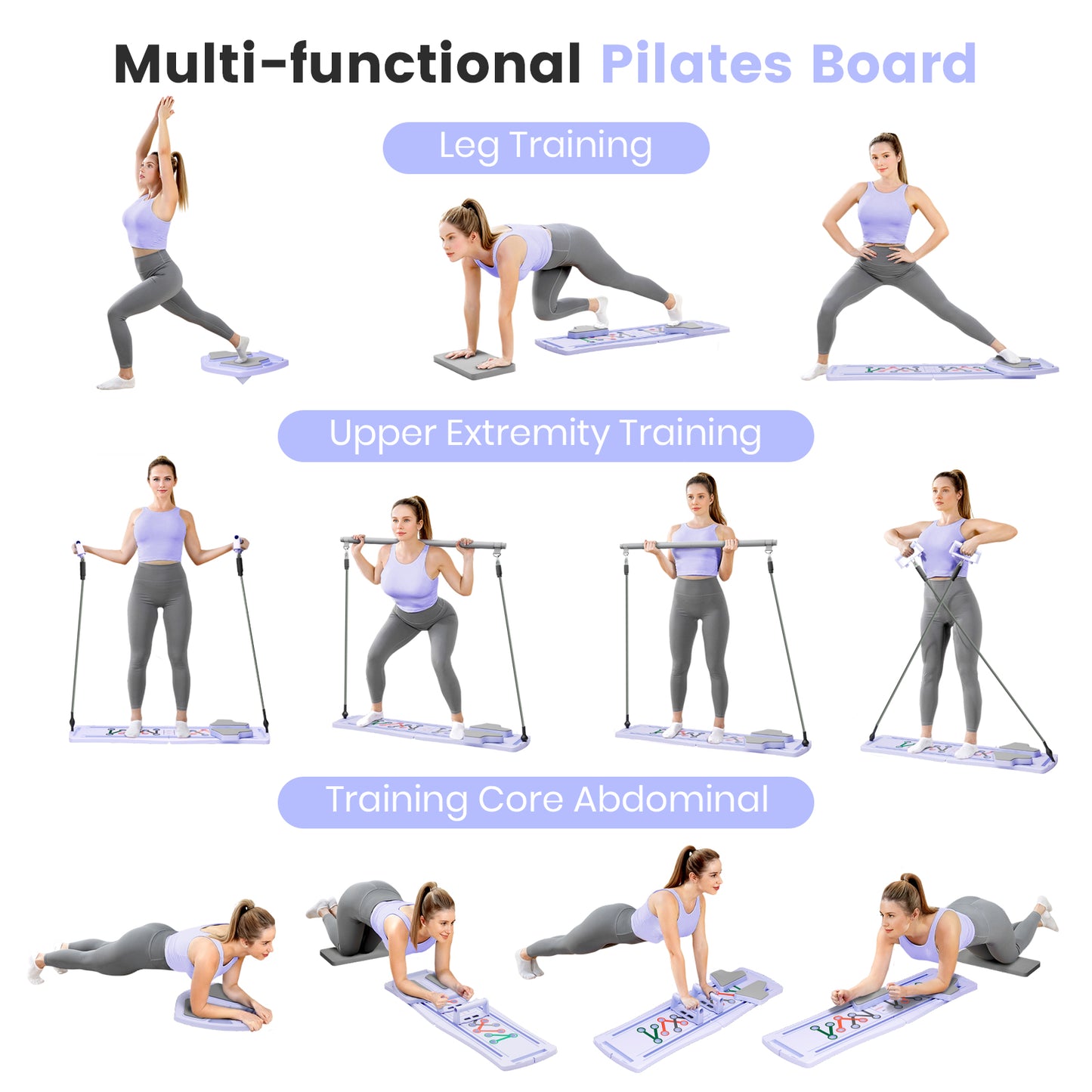 RICAN Pilates Board, Abdominal Board for Core Strength Training, Multi-Purpose 7 in 1 Foldable Pilates Reformer Machine for Women Workout, Fitness, Exercise, Abs, Purple