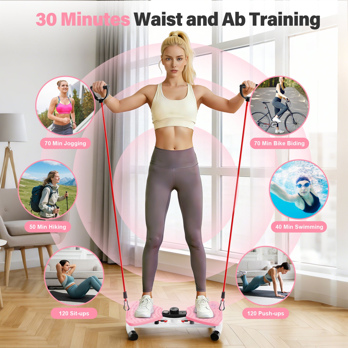 Waist Twister Machine, Silent Ab Toner Machine, Core Workout Board for Women, Home Gym Equipment for Hourglass Figure & Love Handle Reduction, Pink