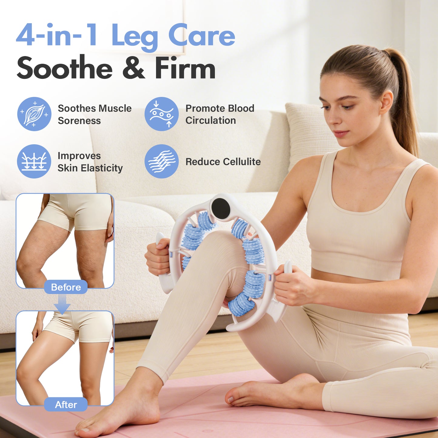 Anti Cellulite Massage Roller for Legs 2-in-1 Detachable Full-Body Massager with 8 Textured 360 Degrees Rollers, Portable Handheld Massage Tool for Thighs, Buttocks, Arms&Calves, Blue