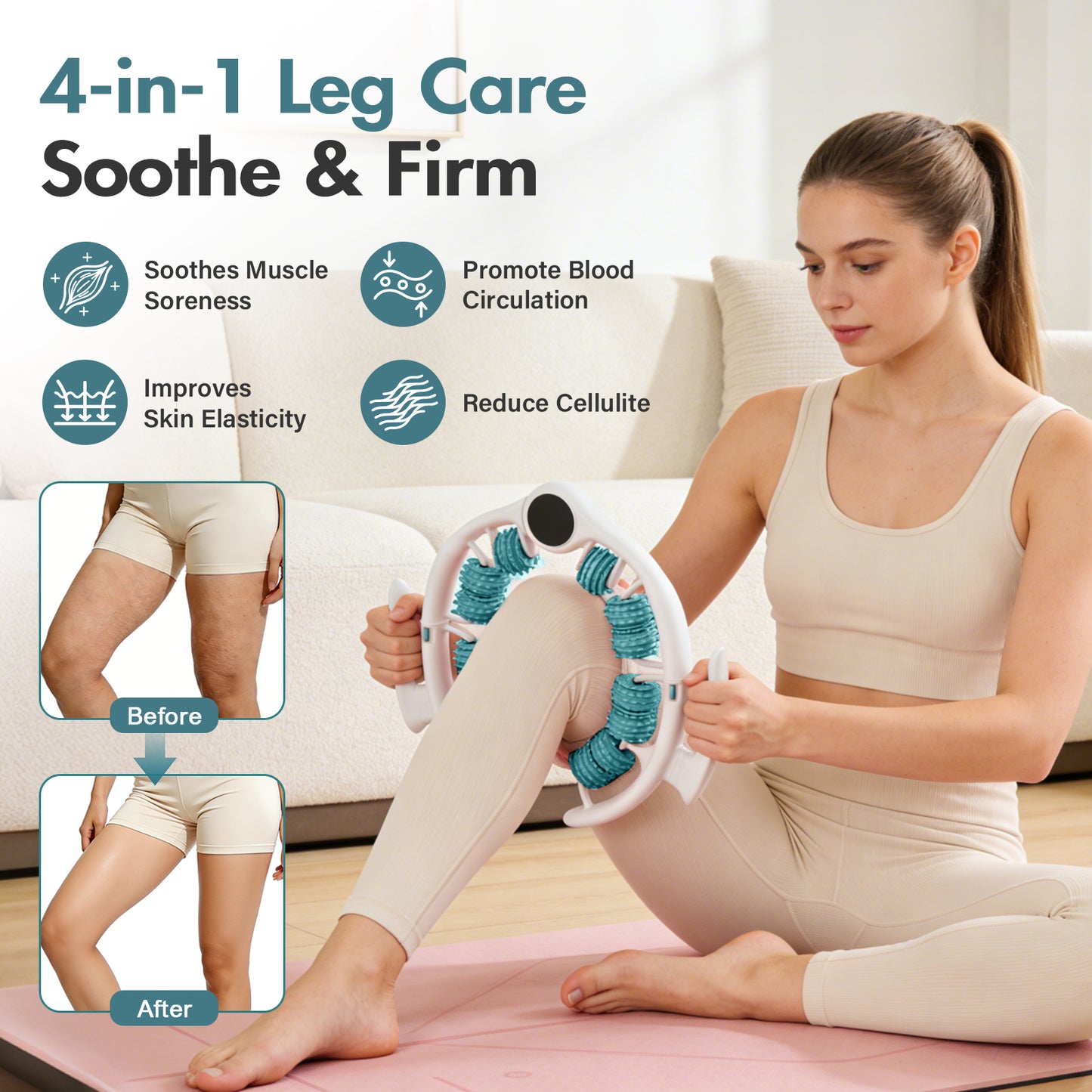 Anti Cellulite Massage Roller for Legs Full-Body Massage Tool with 8 Textured 360 Degrees Rollers, Detachable Handheld Design for Thighs, Buttocks, Arms & Calves, Portable Self-Care Massager, Green