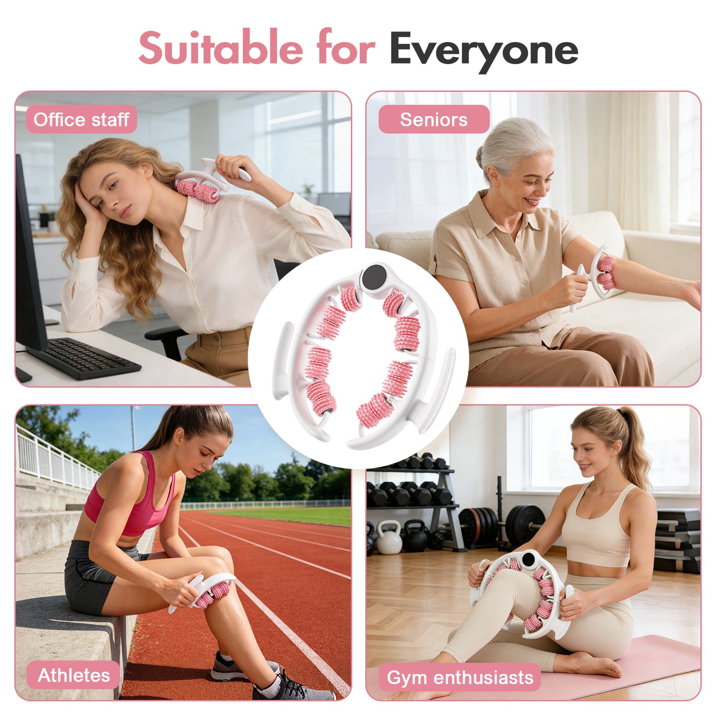 Anti Cellulite Massager Roller - Deep Tissue Relief Tool with Detachable Handles for Thighs, Legs & Full Body, Pink