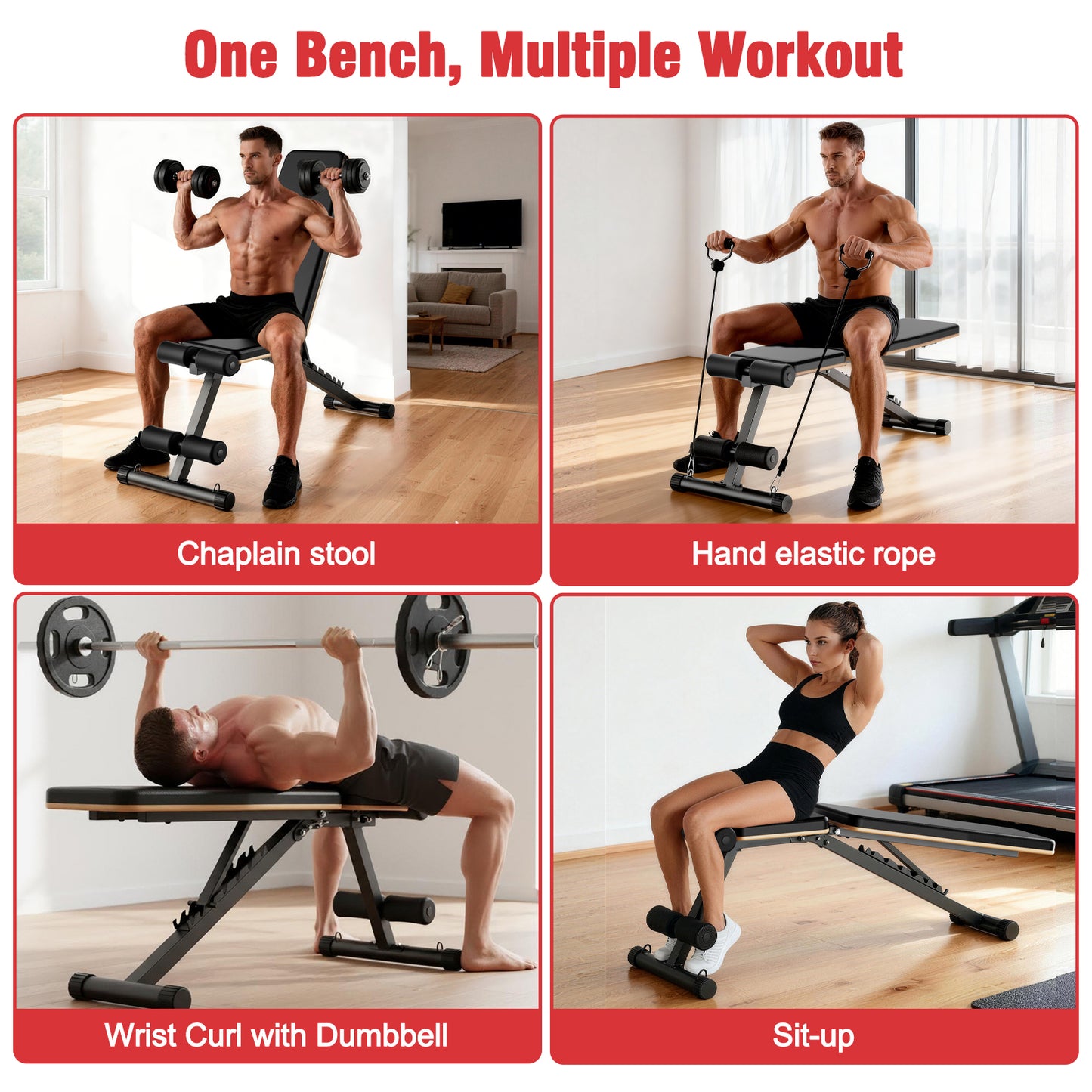 CATGOOD Adjustable Weight Bench, Adjustable Workout Bench with Resistance Bands, Multi-Function Strength Training Bench Press Exercise Equipment for Home Gym