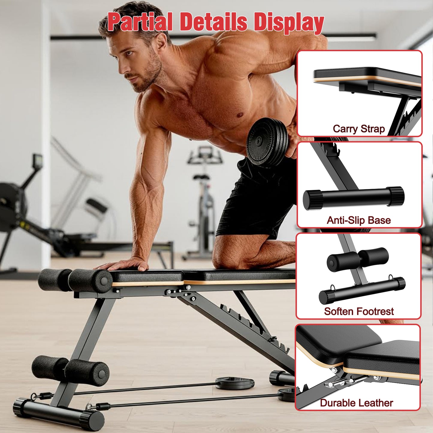 CATGOOD Adjustable Weight Bench, Adjustable Workout Bench with Resistance Bands, Multi-Function Strength Training Bench Press Exercise Equipment for Home Gym