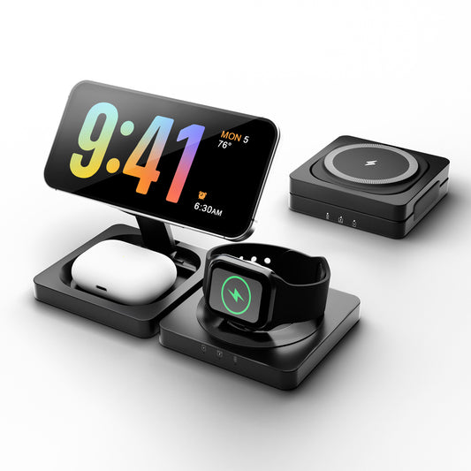 Foldable Magnetic Wireless Charger for iPhone Airpods iWatch: 3 in 1 Charging Station For Apple Multiple Devices - Travel Charging Pad Dock Compatible with Apple 12 and above series