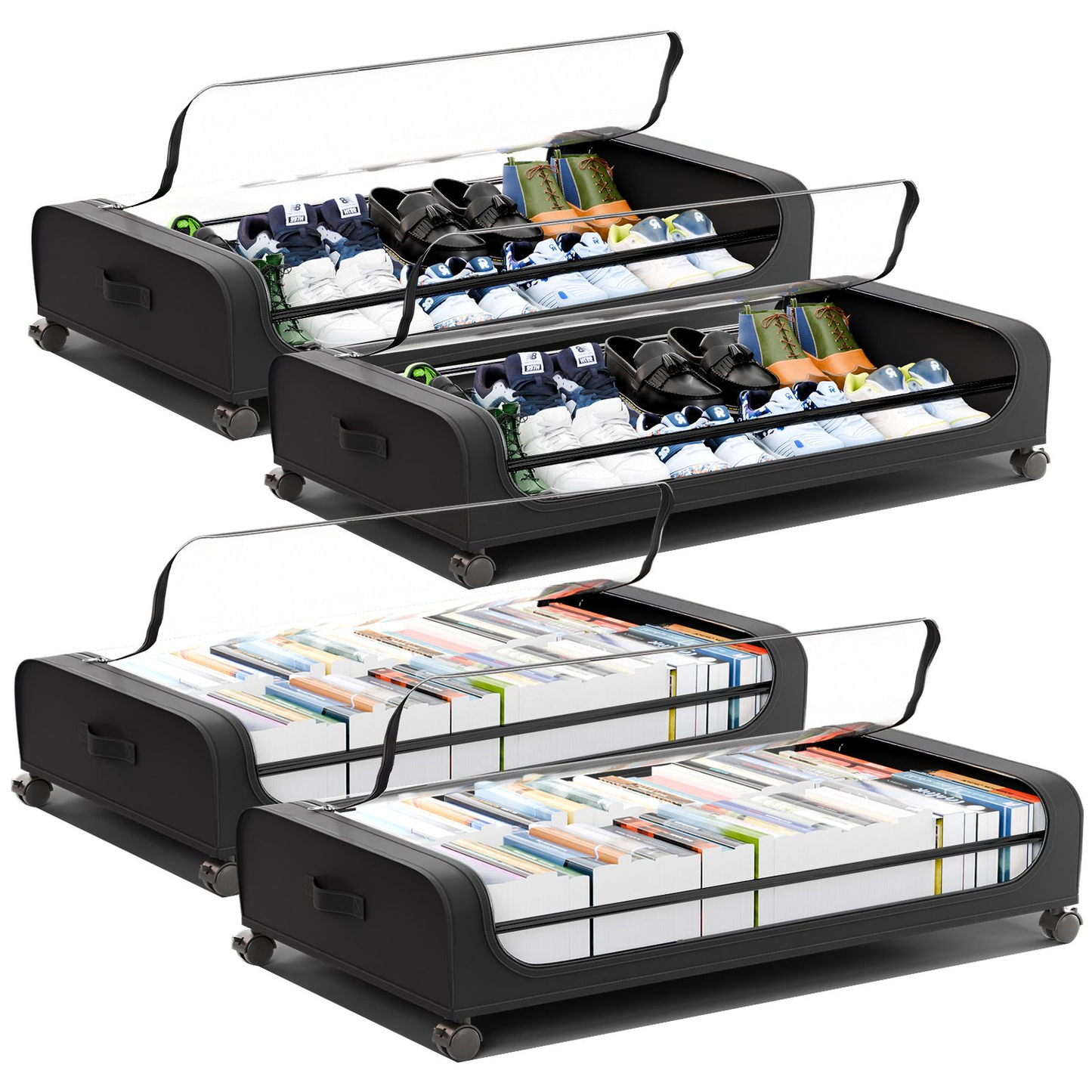 Under Bed Storage with Wheels, 2 Pack Under Bed Storage Containers with Dividers & Clear Lids, Under Underbed Storage with Wheels for Clothes (Black, 4 Pack)