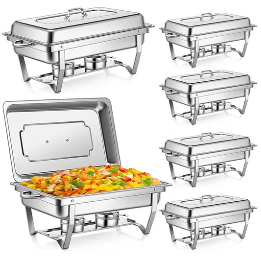 6-Pack Chafing Dishes Set 9Qt Foldable Rectangular Chafer Set, Stainless Steel Food Warmer Set, Full Size Water Pan, Fuel Holder for Cooked Food Insulation
