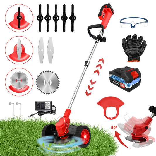 Electric Weed Wacker, Cordless Weed Trimmer with Wheels, 2000mAh Batteries, 3 Types of Blades, Adjustable Length, Weed Eater Grass Trimmer/Edger/Brush Cutter for Lawn Yard Garden (Red)