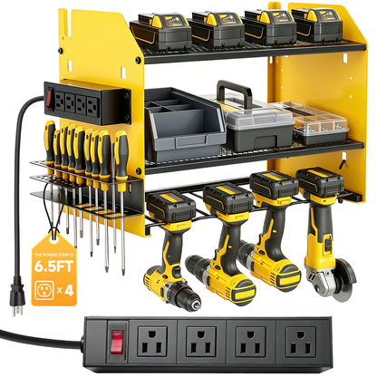 CATGOOD Power Tool Organizer Wall Mount with Charging Station, Tool Storage Shelf Loads 200 lbs Capacity 4 Outlets Storage Rack Holds 4 Drills for Garage Storage(Yellow)