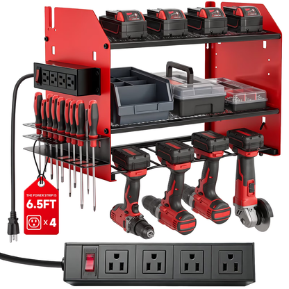 Power Tool Organizer Wall Mount with 4 Charging Station, 3 Layer Heavy Duty Metal Power Tool Storage Rack Loads 200lbs with 4 Cordless Drill Holder for Garage(Red)