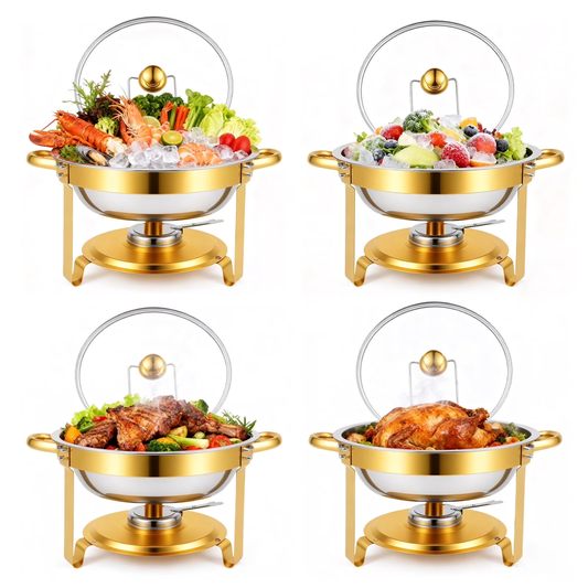 CATGOOD 4 Pack Chafing Dish Buffet Set, 5QT Stainless Steel Food Warmers with Glass Lids & Gold Stands, Buffet Servers & Chafer Set for Parties, Weddings, Catering