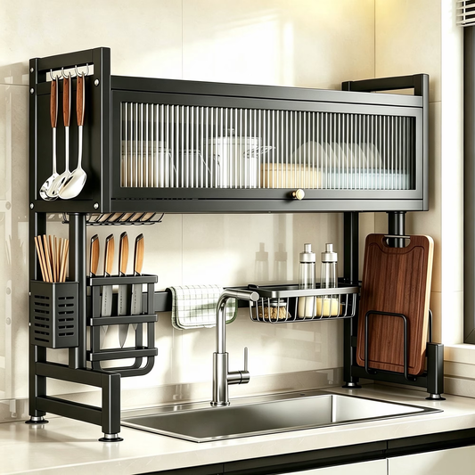 CATGOOD Over the Sink Dish Rack with Cabinet Doors , 31.5" L x 11.8" W x 33.5" H 2 Tier Stainless Steel Large Dish Drying Rack for Kitchen Counter, Black