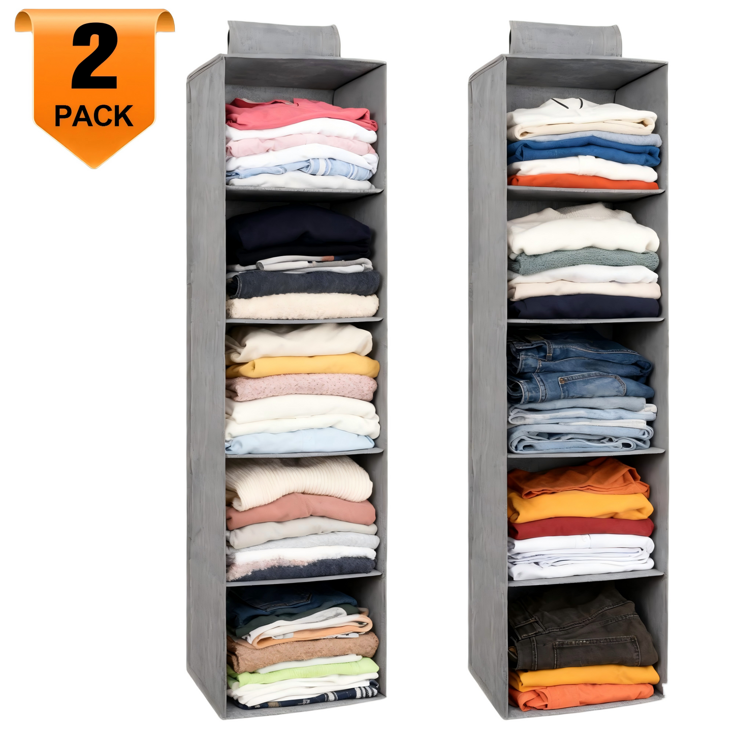 Hanging Closet Organizer, 2 Packs Closet Organizer and Storage, 5-Shelf Closet Hanging Storage Shelves, Closet Organization for Bedroom, Nursery, Diapers, Grey