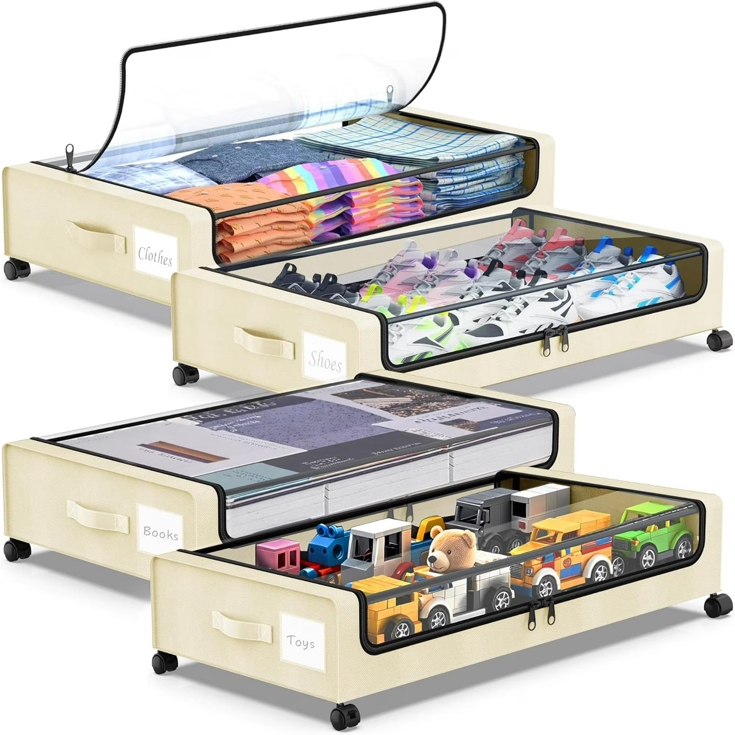 Under Bed Storage with Wheels, 2-Pack Under Bed Storage Containers with Clear Lids, Under the bed storage Organizer Bins, Rolling Under Bed Metal Drawer for Clothes,Shoes,Toys (White, 4Pack)