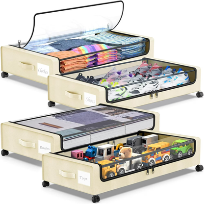 Under Bed Storage with Wheels, 2-Pack Under Bed Storage Containers with Clear Lids, Under the bed storage Organizer Bins, Rolling Under Bed Metal Drawer for Clothes,Shoes,Toys (White, 4Pack)