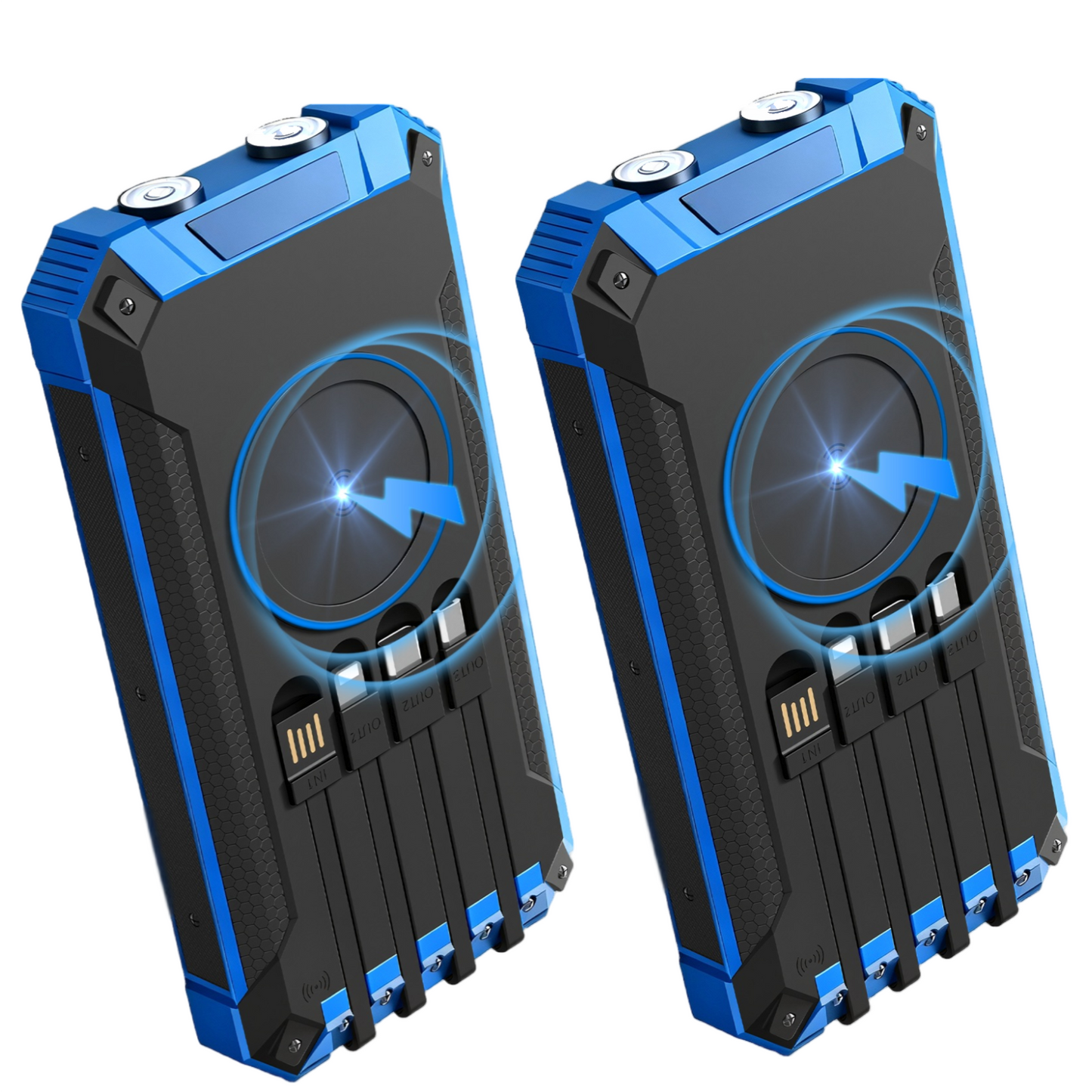2PK Power Bank Wireless Charger 46800mAh Built in 4 Cables Six Outputs 15W Fast Charging Power Bank for All Mobile Devices Three Inputs Solar Portable Charger with Dual Flashlights, Carabiner(Blue)