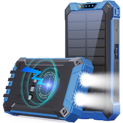 Power Bank Wireless Charger 46800mAh Built in 4 Cables Six Outputs 15W Fast Charging Power Bank for All Mobile Devices Three Inputs Solar Portable Charger with Dual Flashlights, Carabiner(Blue)