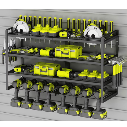 Power Tool Organizer 8 Drill Holder Wall Mount, 4 Layer Storage Rack for Garage storage, Heavy Duty Utility Racks, Tool Battery Shelf with Screwdriver Holder/Plier Holder/Hammer Holder