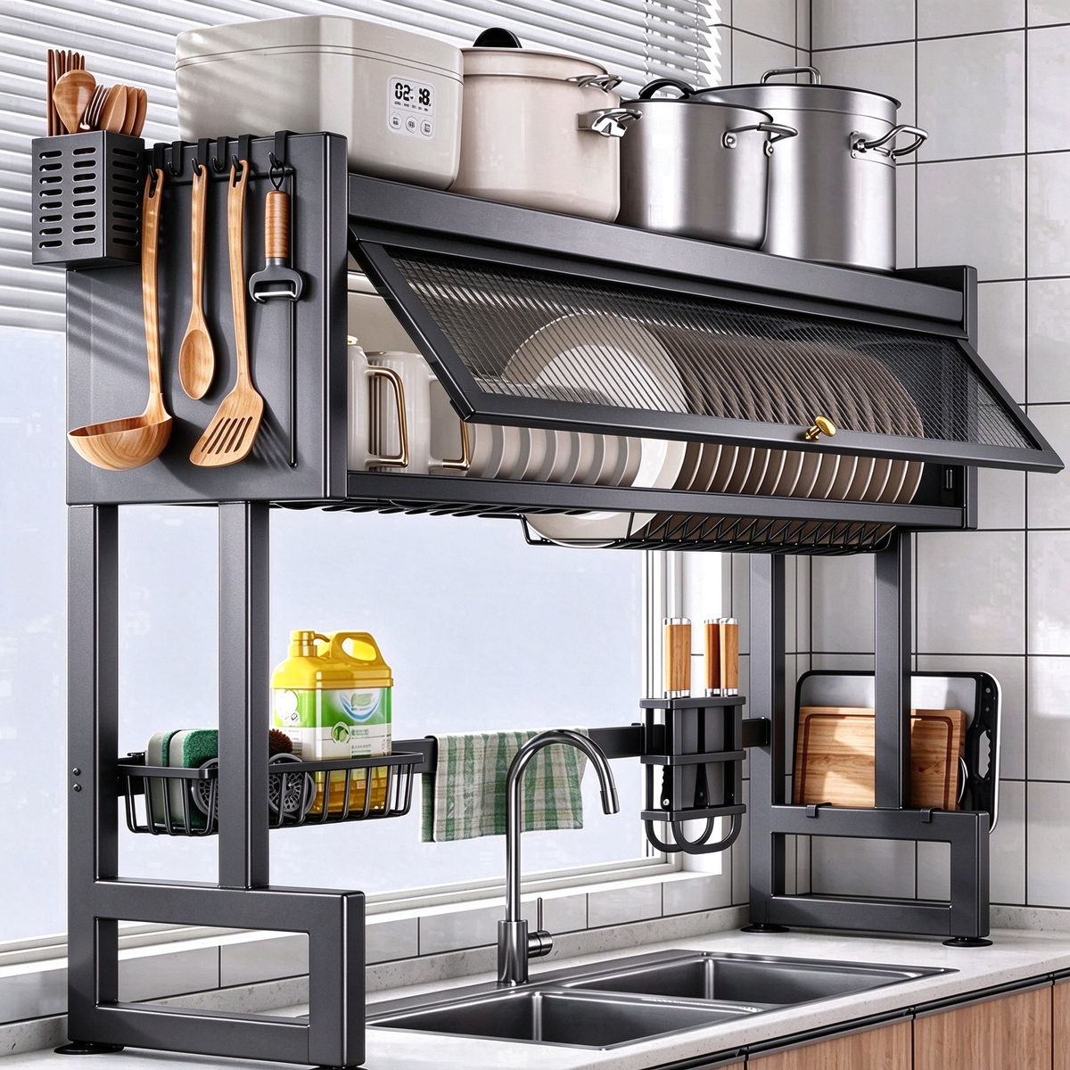 Dish Drying Rack, Large Stainless Steel Over The Sink 2 Tier Dish Rack with Cover for Kitchen (Black, Large 33.5" Length)