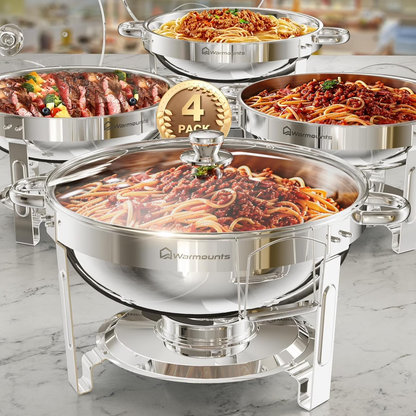 CATGOOD Round Chafing Dishes for Buffet with Glass Lid, 5QT 4 Pack Chafers and Buffet Warmers Set with Mirror-Polished Stainless Steel, Rolled Rim, Stackable, Lid Holder for Parties, Catering