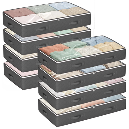 BAOKALER 8 Pack Gray Foldable Underbed Storage Bags, 90L Large Capacity Under Bed Organizers for Clothing, Blankets, Pillows and Wrapping Paper