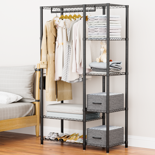 Freestanding Wire Garment Rack, Max Load 510LBS, 6 Tiers Adjustable Heavy Duty Clothes Rack with 2 Fabric Drawers, Portable Clothing Storage Rack for Hanging Clothes, Black