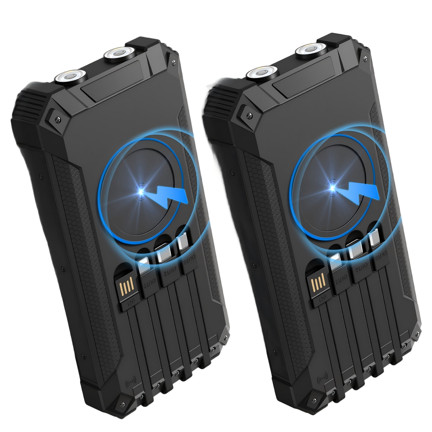 2PK Power Bank Wireless Charger 46800mAh Built in 4 Cables Six Outputs 15W Fast Charging Power Bank for All Mobile Devices Three Inputs Solar Portable Charger with Dual Flashlights, Carabiner(Black)
