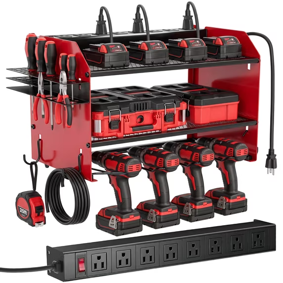 Power Tool Organizer with 8 Charging Station & Outlets, Garage Drill Storage Shelf with 4 Drill Holder, 3 Layer Heavy Duty Tool Storage Rack, Gift for Men (Red)