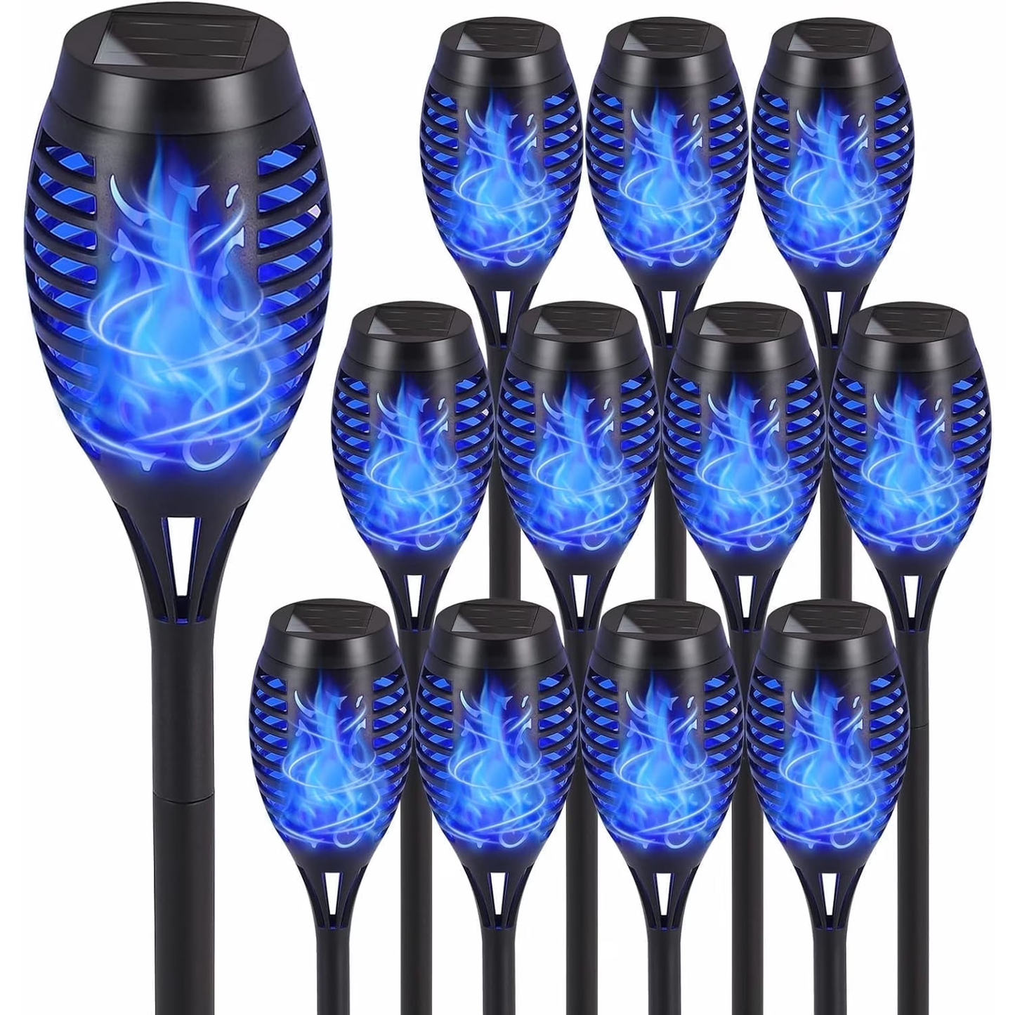 Solar Torch Flame Lights, 12 Pack Blue Solar Torch Light W/Flickering Flame, 12 LED Solar Tiki Torches for Outside Waterproof Landscape Outdoor Lights Garden Yard Patio Lawn Xmas Decorations