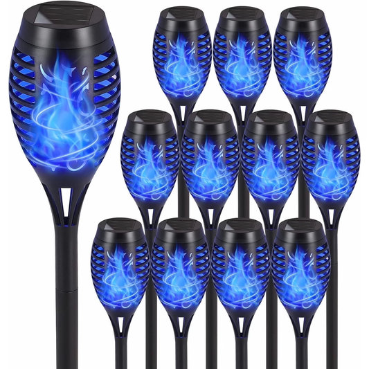 Solar Torch Flame Lights, 12 Pack Blue Solar Torch Light W/Flickering Flame, 12 LED Solar Tiki Torches for Outside Waterproof Landscape Outdoor Lights Garden Yard Patio Lawn Xmas Decorations