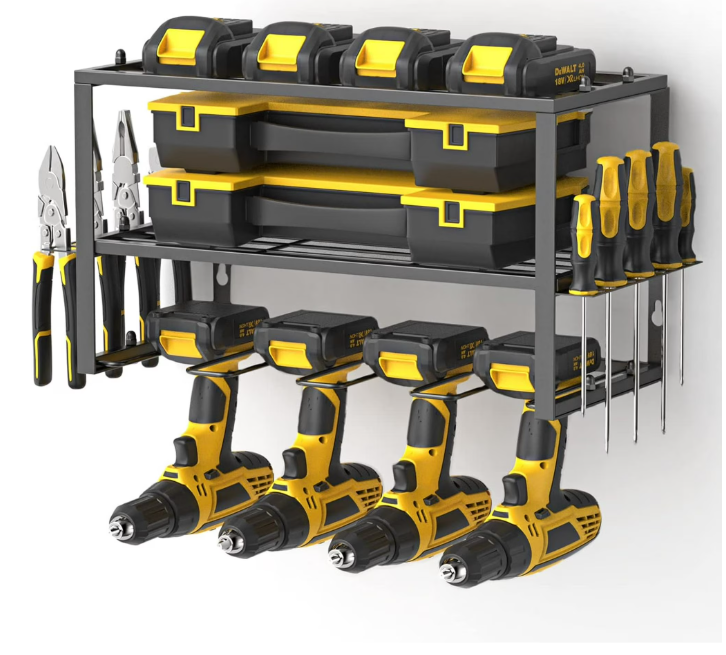 CATGOOD Power Tool Organizer, 3 Layers Storage Rack with 4 Drill Holders, Heavy Duty Metal Floating Tool Shelf Garage Wall Mounted, 180Lbs Load Capacity
