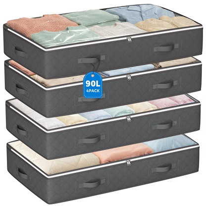 BAOKALER 4 Pack 90L Underbed Storage Containers, Foldable Storage Bins for Linen, Blankets, Clothing, Comforters, Sweaters, Pillows & Wrapping Paper, Dark Gray