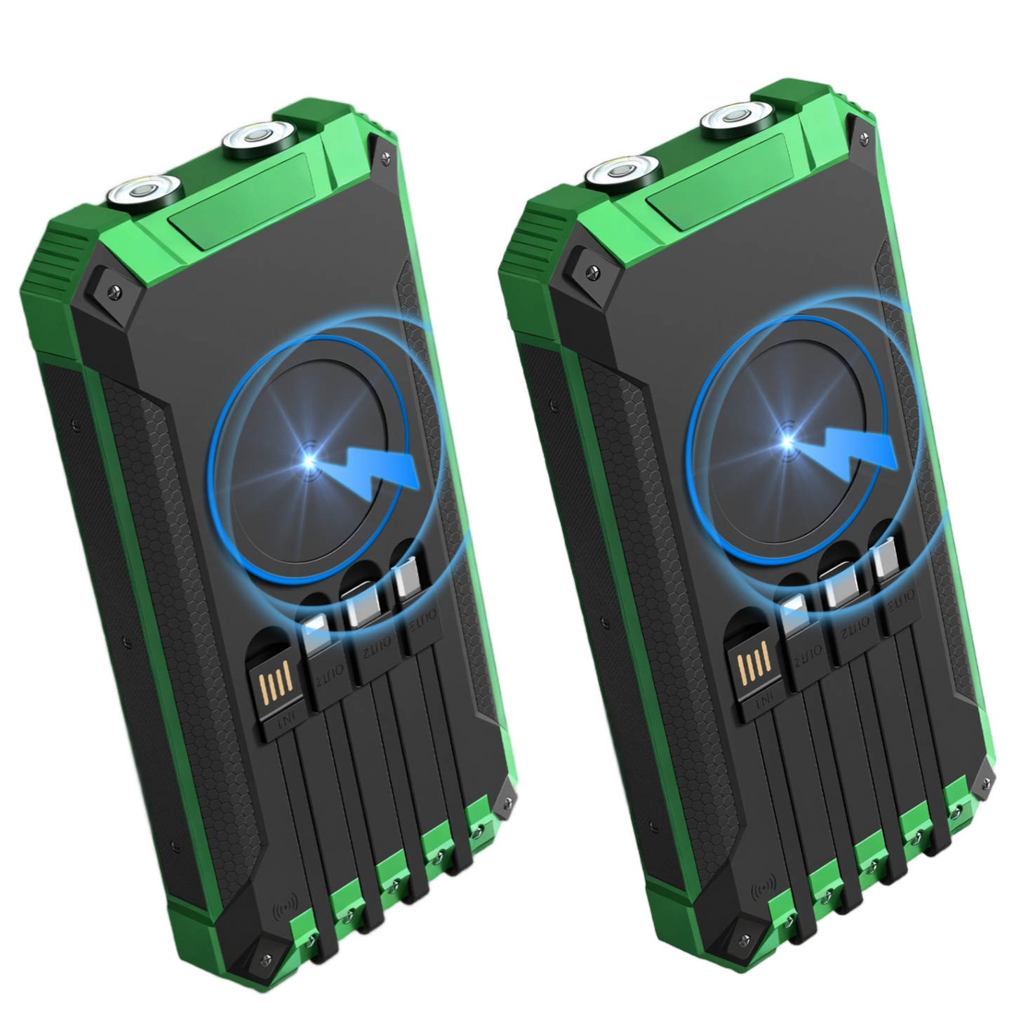 2PK Power Bank Wireless Charger 46800mAh Built in 4 Cables Six Outputs 15W Fast Charging Power Bank for All Mobile Devices Three Inputs Solar Portable Charger with Dual Flashlights, Carabiner(Green)