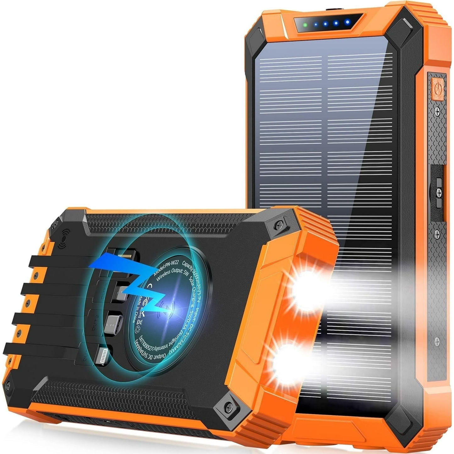 CATGOOD 46800mAh Solar Power Bank, 22.5W Fast Charging Portable Charger with 4 Built-in Cables & 10W Wireless Charging, Travel Battery Pack with Camping Flashlight(Orange)