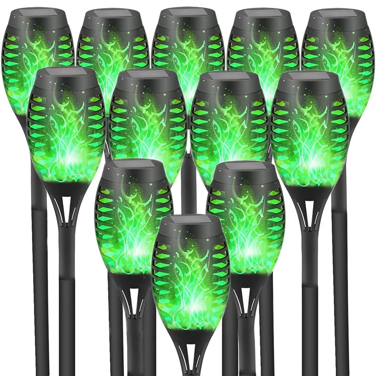 Solar Powered Outdoor Lights, 12 Pack Solar Tiki Torches, Flickering Yard Lights Outdoor Solar Powered Waterproof, Solar Pathway Lights for Garden Decor, Yard Decor, Landscape, Green LED