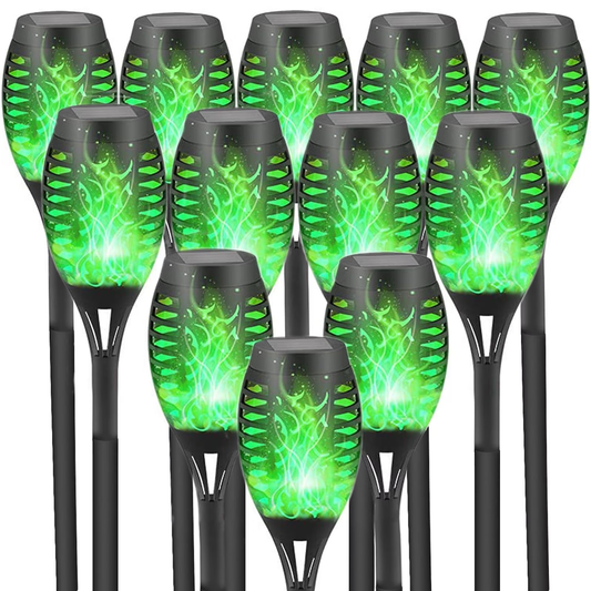 Solar Powered Outdoor Lights, 12 Pack Solar Tiki Torches, Flickering Yard Lights Outdoor Solar Powered Waterproof, Solar Pathway Lights for Garden Decor, Yard Decor, Landscape, Green LED