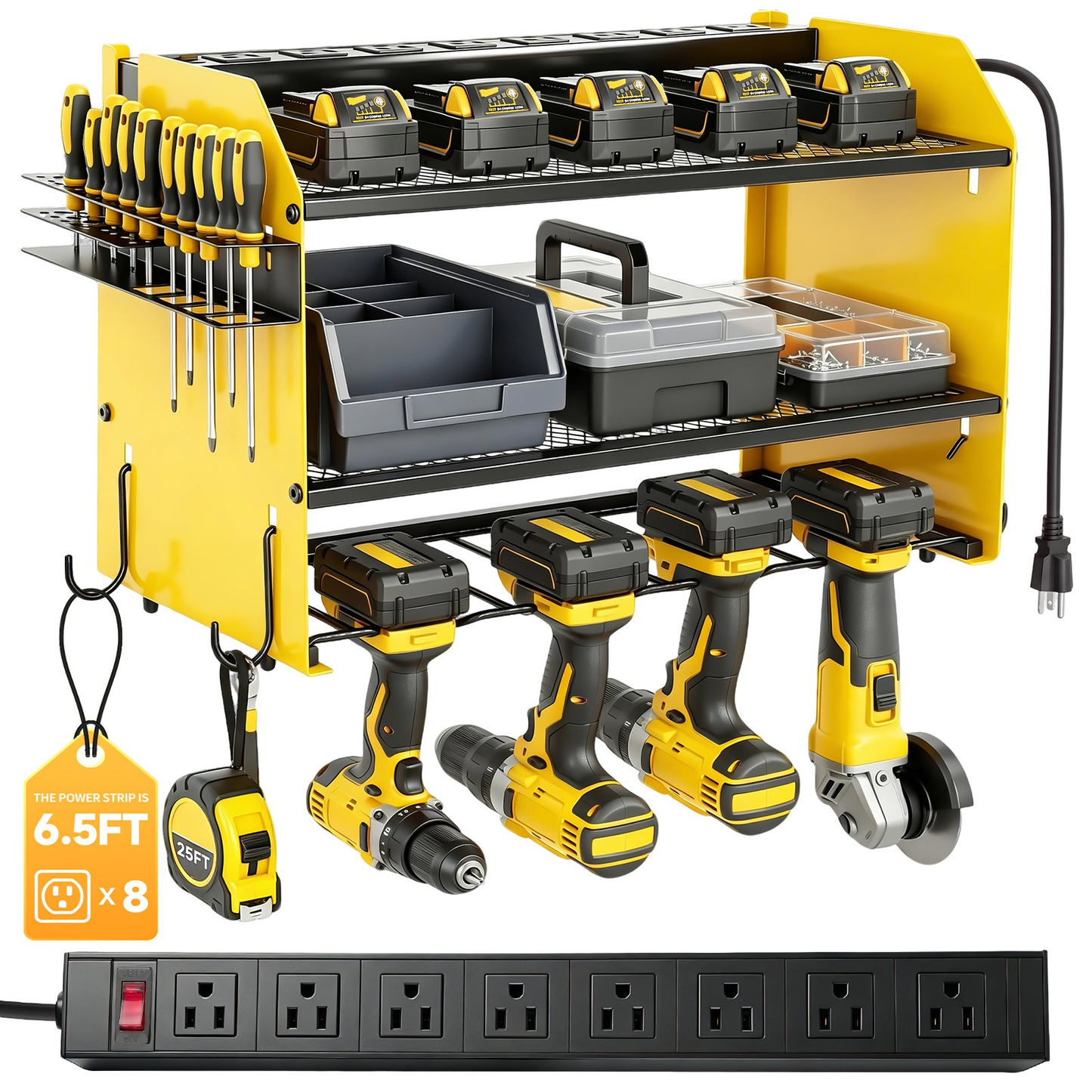 Power Tool Organizer Wall Mount with Charging Station,Tool Storage Rack with 8 Outlet Power Strip, 4 Drill Holder Wall Mount for Garage Organization(Yellow)