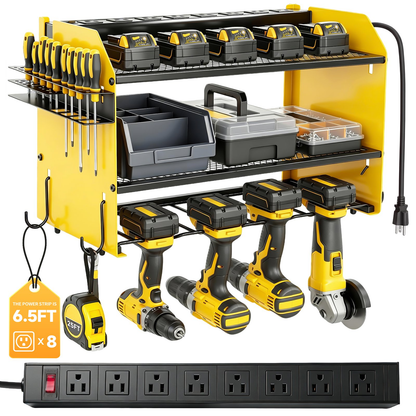 Power Tool Organizer Wall Mount with Charging Station,Tool Storage Rack with 8 Outlet Power Strip, 4 Drill Holder Wall Mount for Garage Organization(Yellow)
