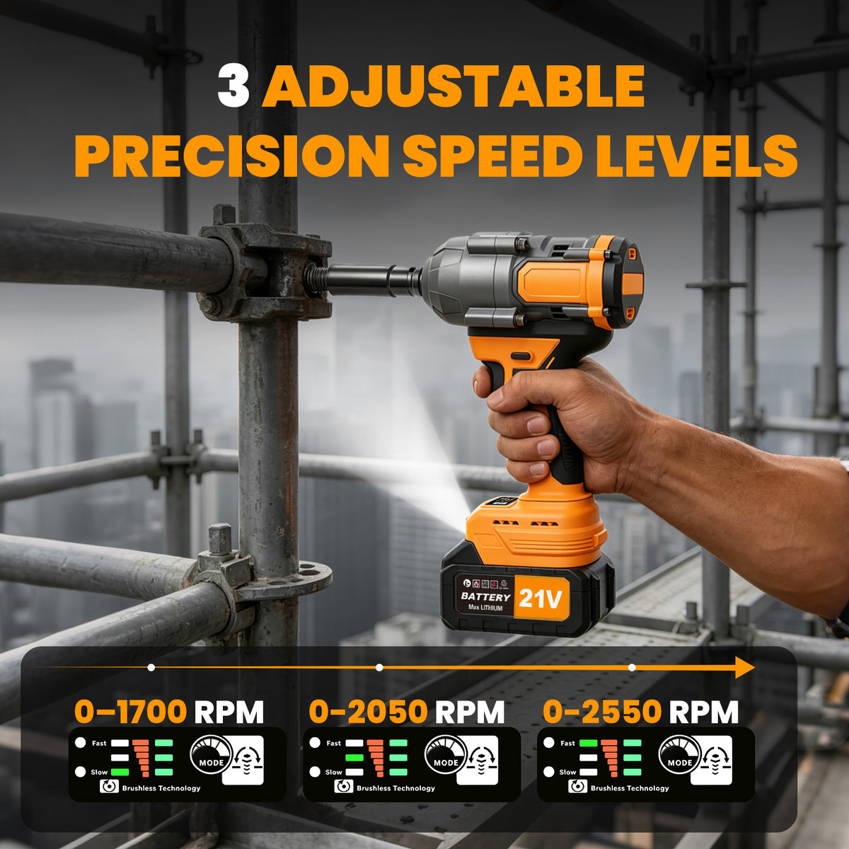 1000Nm Cordless Impact Wrench, 21V Impact Wrench 1/2 inch, High Efficiency Brushless Motor with Fast Charger and 2 x 3.0Ah Battery