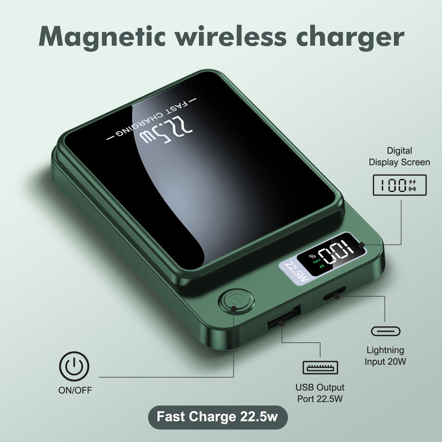 10,000mAh Power Bank with LED Power Display, 22.5W Portable Charger 2-in-1 Wireless, Magnetic Portable Power Bank Fast Charging, Suitable for Outdoor Travel Backup Small Phone Charger, Green