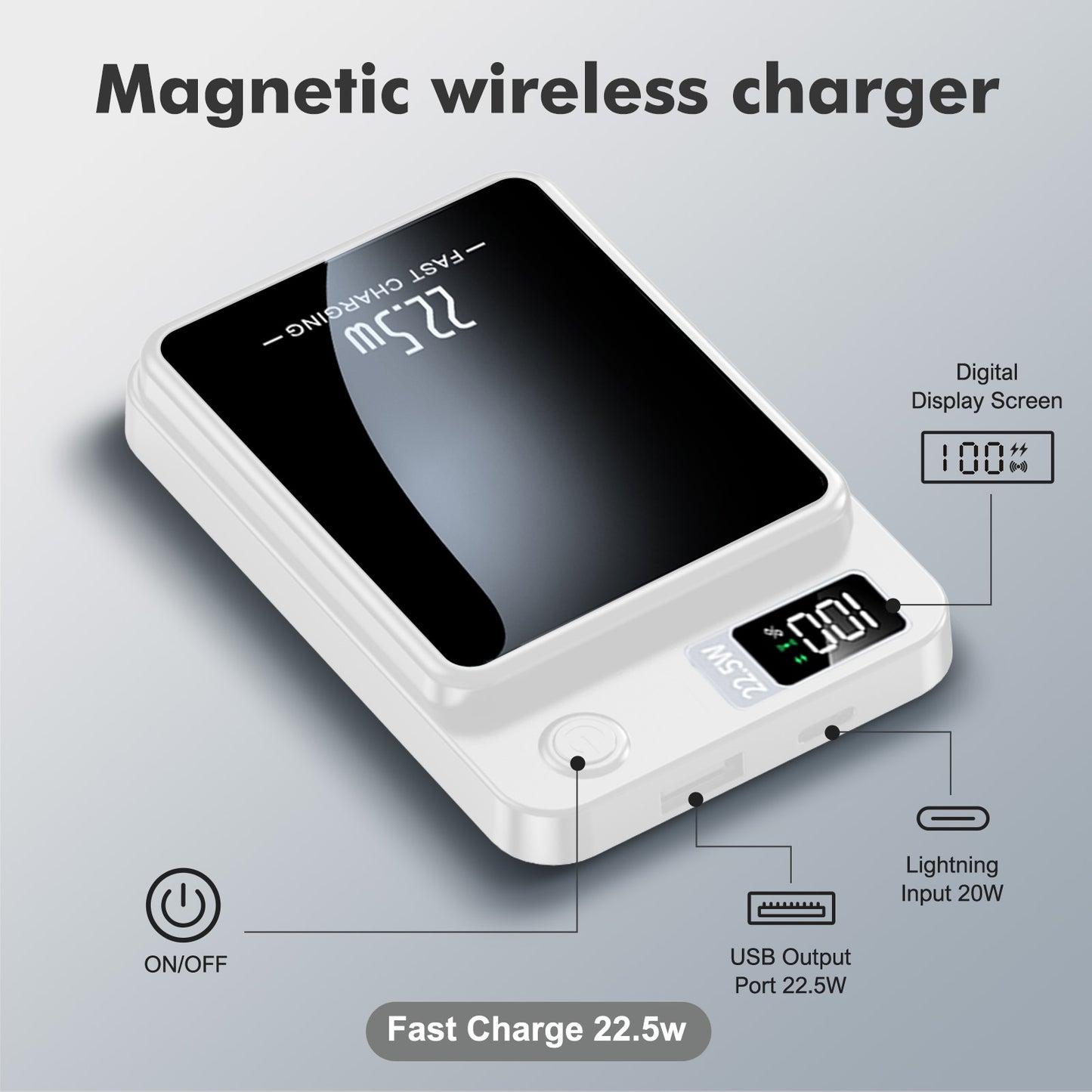 2 in 1 Portable Magnetic Wireless Power Bank, 10000mAh 22.5W Fast Charging, with LED Power Display, Suitable for Outdoor Emergency Backup Power Bank, Compatible with Multi Device, White
