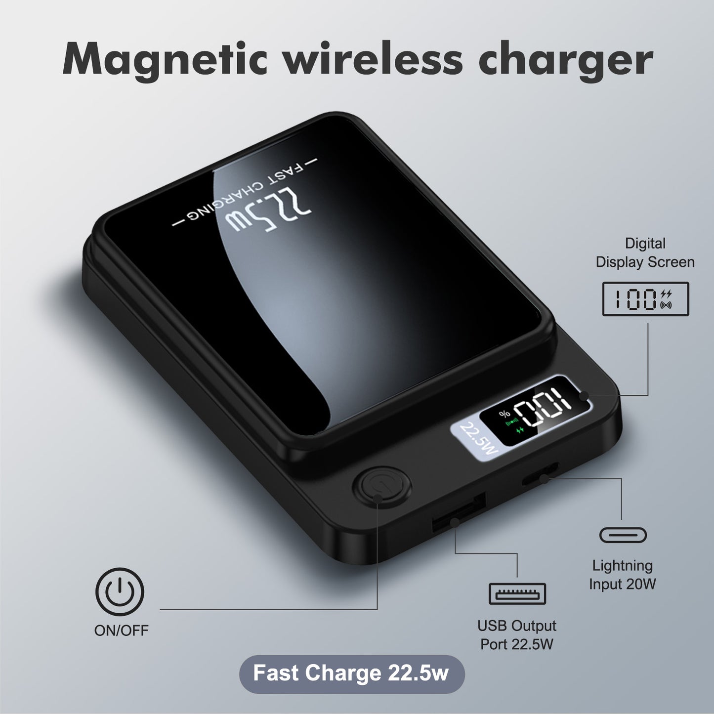10000mAh Portable Charger with LED Power Display, 22.5W Fast Charging Phone Battery Bank, 2-in-1 Wireless Magnetic Power Bank, Suitable for Outdoor Travel Emergency Backup Battery Pack, Black