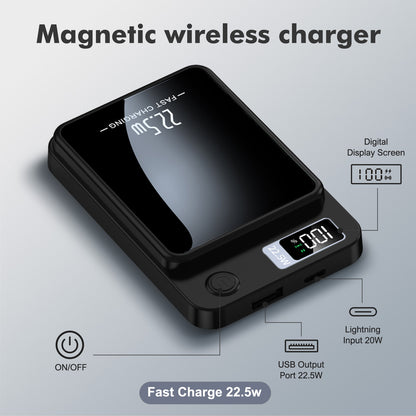 10000mAh Portable Charger with LED Power Display, 22.5W Fast Charging Phone Battery Bank, 2-in-1 Wireless Magnetic Power Bank, Suitable for Outdoor Travel Emergency Backup Battery Pack, Black