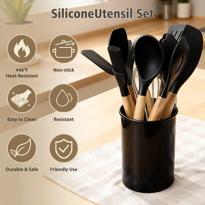 Silicone Cooking Utensils Set, Heat Resistant Kitchen Cooking Utensils Set, 12 PCS Handle Silicone Kitchen Gadgets Utensil Set, Black