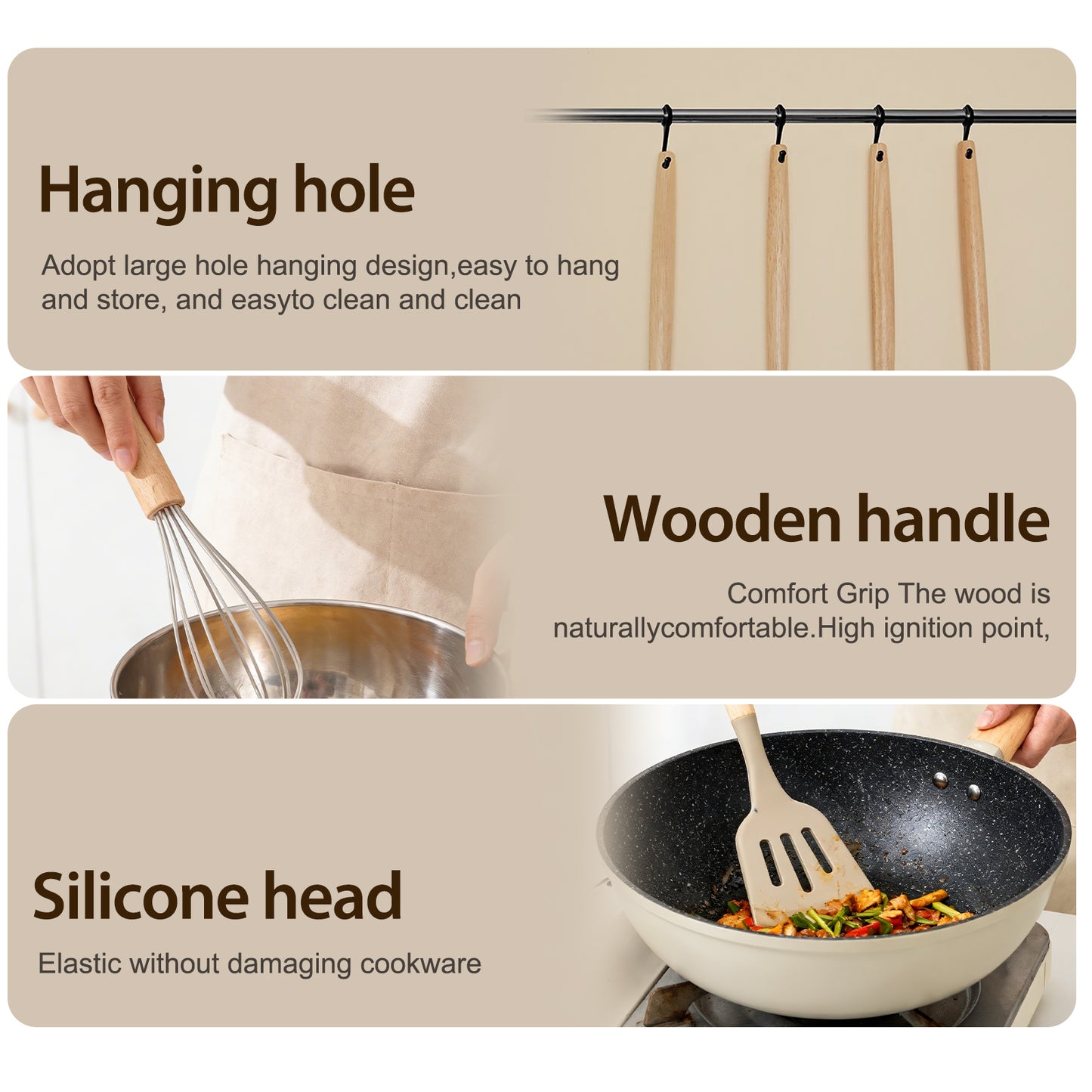Silicone Cooking Utensils Set, Heat Resistant Kitchen Cooking Utensils Set, 12 PCS Handle Silicone Kitchen Gadgets Utensil Set, Khaki